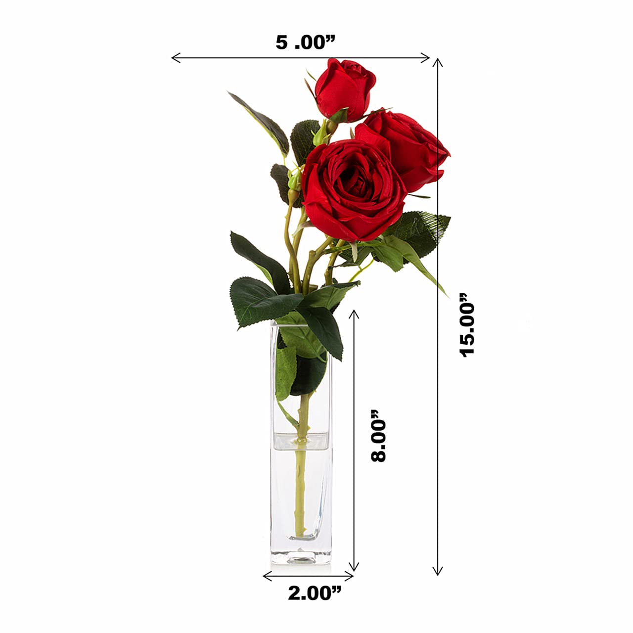 ENOVA FLORAL Artificial Silk Rose Flowers in Square Vase - Red Faux Roses Arrangement with Fake Water for Home, Wedding, Office Table Decor - Perfect for Centerpieces, Dining Tables & Event Decorations