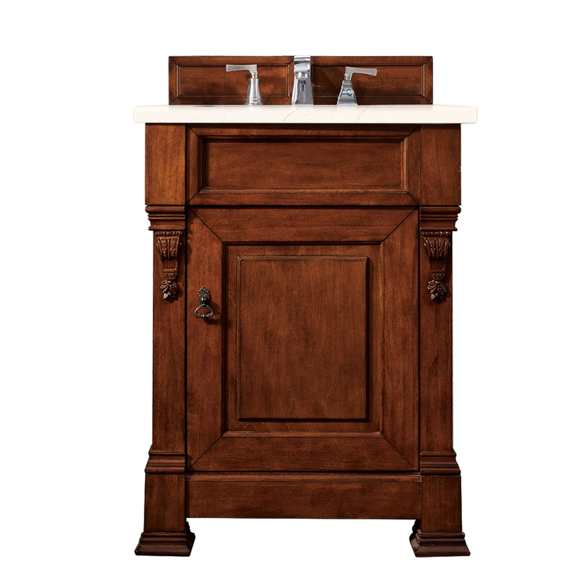 Brookfield 26 Inch Single Bathroom Vanity with Warm Cherry Finish & 3CM Eternal Marfil Quartz Countertop - Perfect for Small Bathrooms, Powder Rooms & Modern Home Renovations