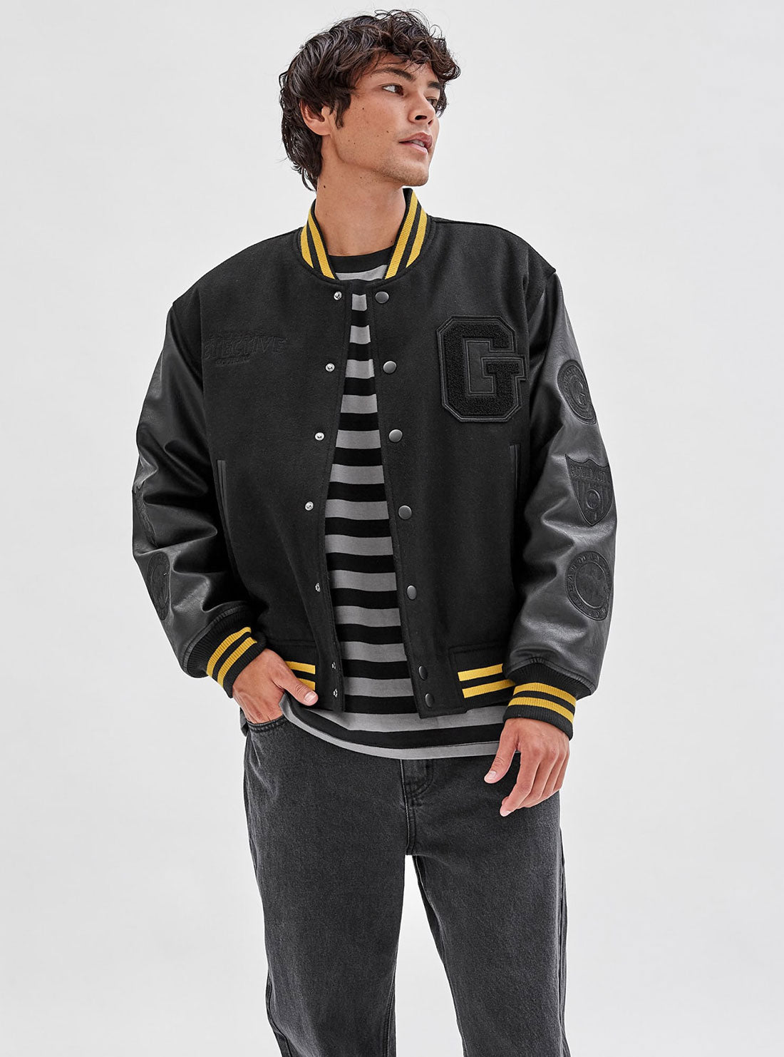 Guess Originals x Batman Black Letterman Jacket - Vintage Style Varsity Jacket for Men & Women - Perfect for Cosplay, Halloween, and Superhero Fans