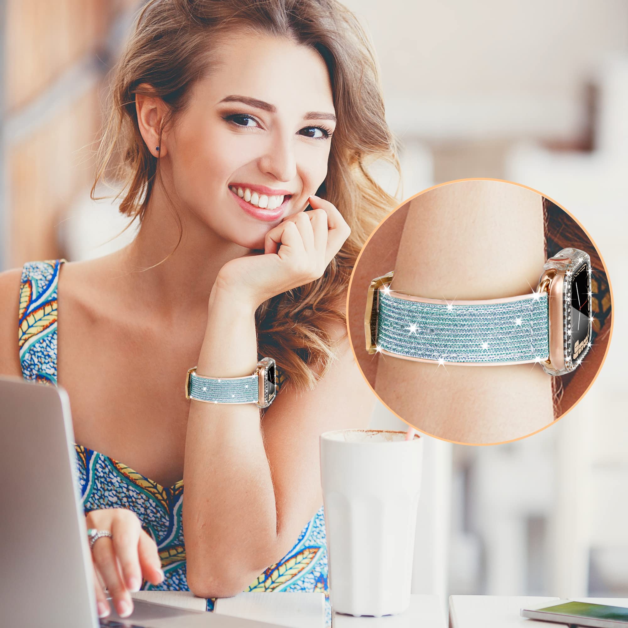 Sparkle Silicone Apple Watch Band 40mm 44mm 41mm 45mm Compatible with iWatch Series 9/8/7/6/SE/5/4 - Glitter Leather Strap for Women, Elegant Sporty Soft Bracelet for Workout, Office & Daily Wear