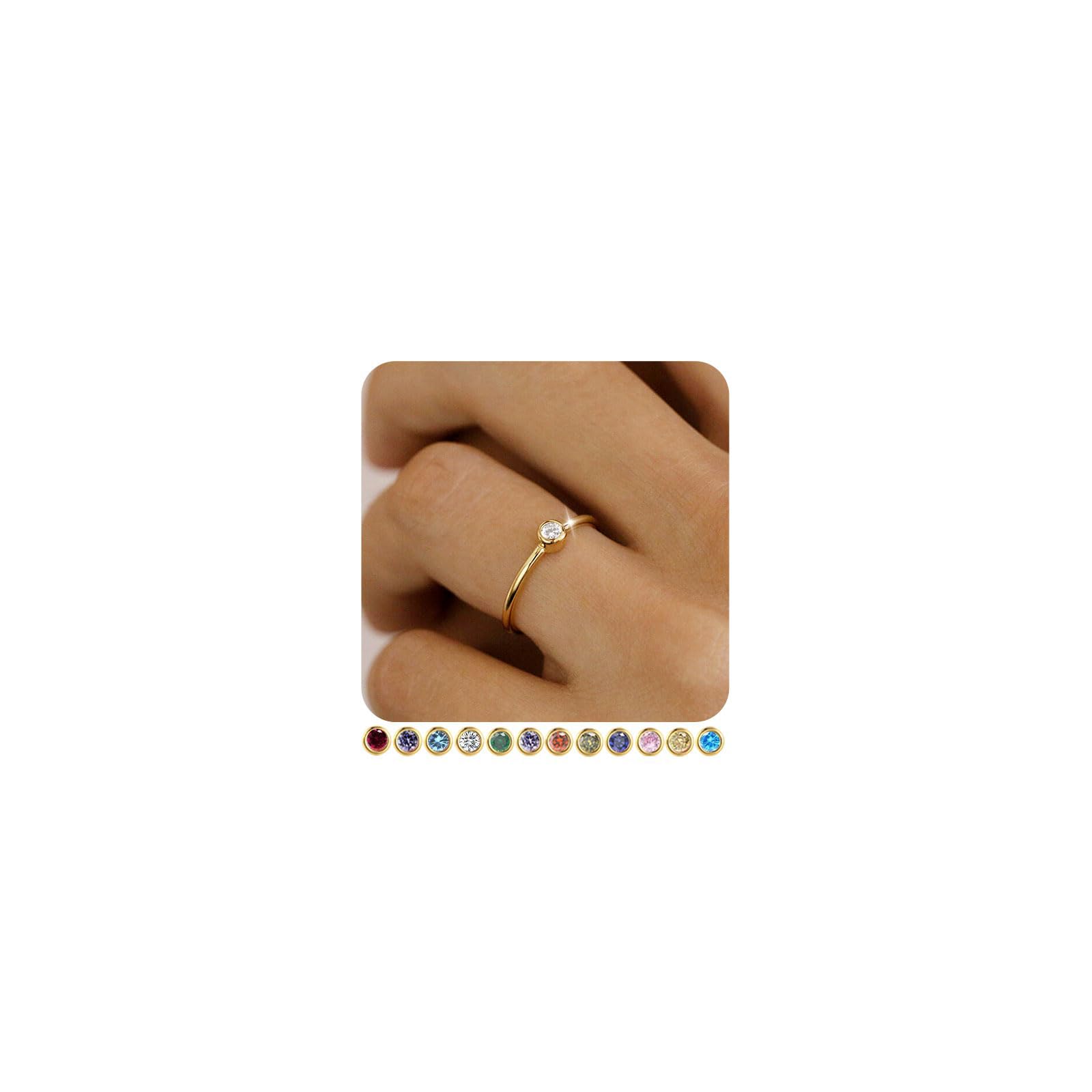 14K Gold Plated Sterling Silver Birthstone Rings for Women - Non Tarnish Stackable Dainty Emerald Green & Blue CZ Gemstone Jewelry | Perfect Birthday Gift for Mom, Daughter & Bridesmaids | Elegant for Weddings, Anniversaries & Everyday Wear