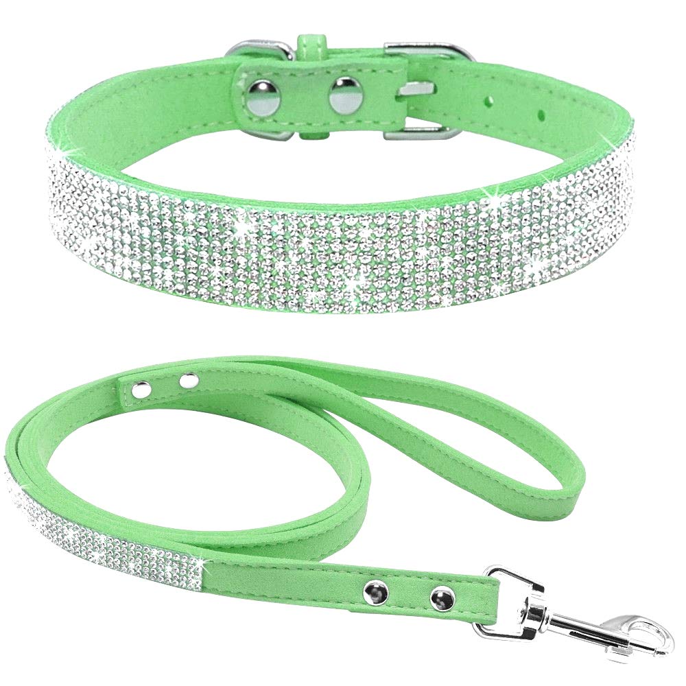 Sparkling Rhinestone Dog Collar & Leash Set - Cute Crystal Jeweled Soft Suede Leather Pet Collar for Small Dogs & Puppies - Perfect for Daily Walks, Pet Parties & Photo Shoots