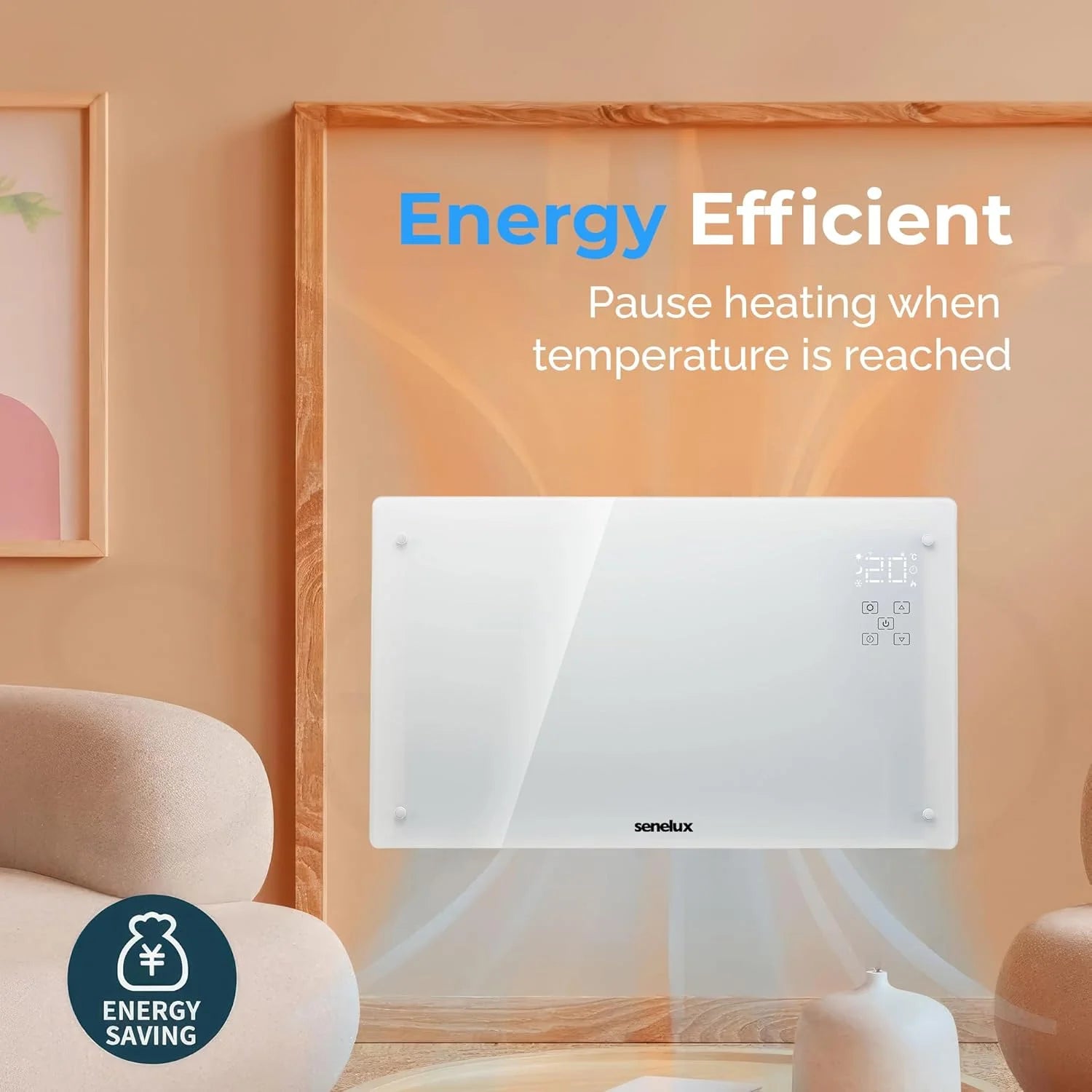 White Glass Panel Heater with WiFi Control - Wall Mount or Freestanding with Wheels | Energy Efficient Space Heater for Bedroom, Living Room & Office