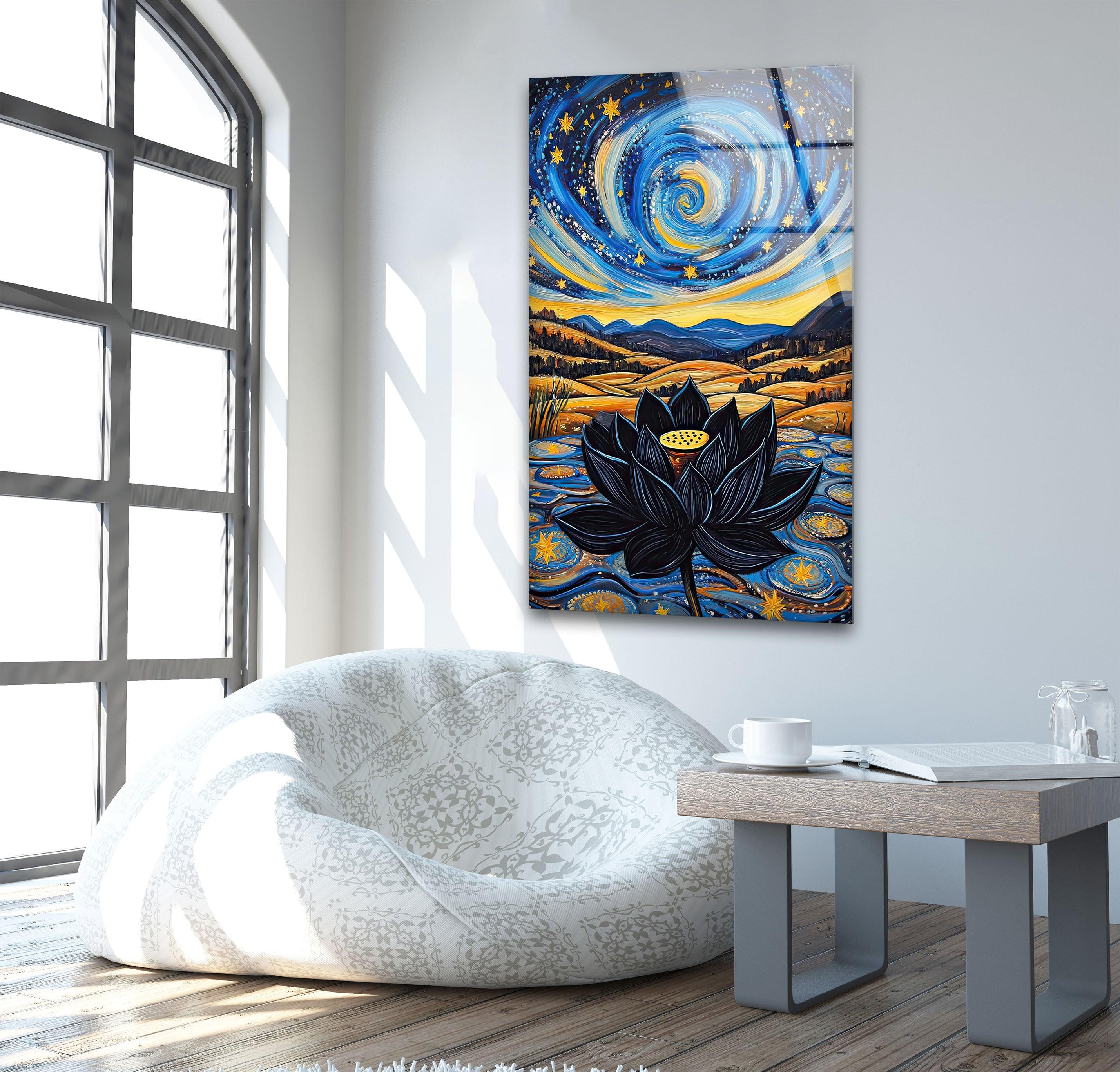 Black Lotus Glass Wall Art - Elegant Handmade Stained Glass Decor for Home & Office - Perfect for Living Room, Bedroom, and Meditation Spaces