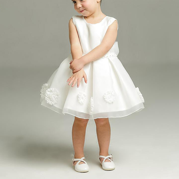 Elegant White Baptism Dresses for Baby Girls - Round Neck Formal Princess Gown with Floral Details | Perfect for Christening, Flower Girl, and Special Occasions