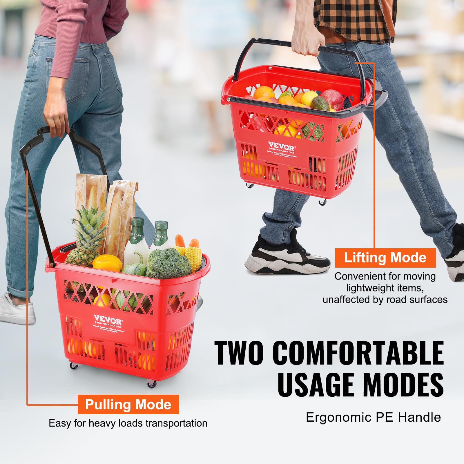 VEVOR 6-Piece 39L Rolling Shopping Baskets with Handles & Wheels - Large Plastic Portable Shopping Cart Set for Supermarkets, Retail Stores, Grocery Shopping - Perfect for Quick Checkouts and Bulk Purchases (Red)