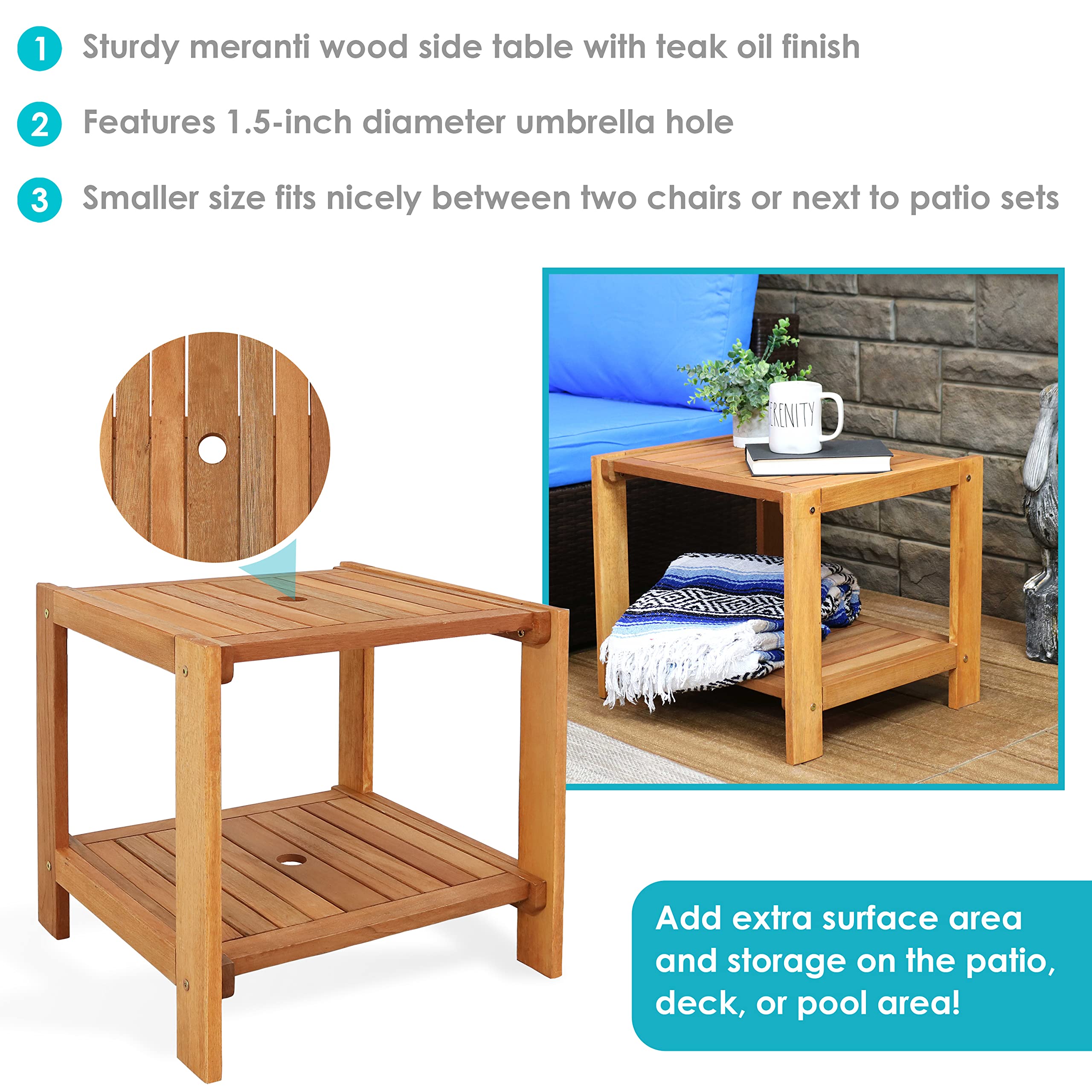 Sunnydaze Meranti Wood Outdoor Patio Side Table - 20 Inch Teak Oil Finish - Weather Resistant - Perfect for Poolside, Garden, Deck, and Patio Furniture