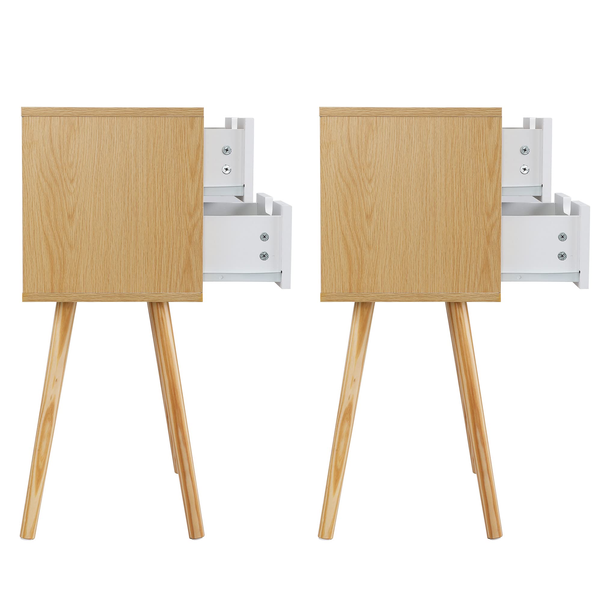 Mid-Century Modern Nightstand Set of 2 - Wooden Bedside Tables with 2 Drawers - Solid Wood End Tables for Bedroom, Living Room & Office - Perfect for Small Spaces & Apartment Decor (A Wood)