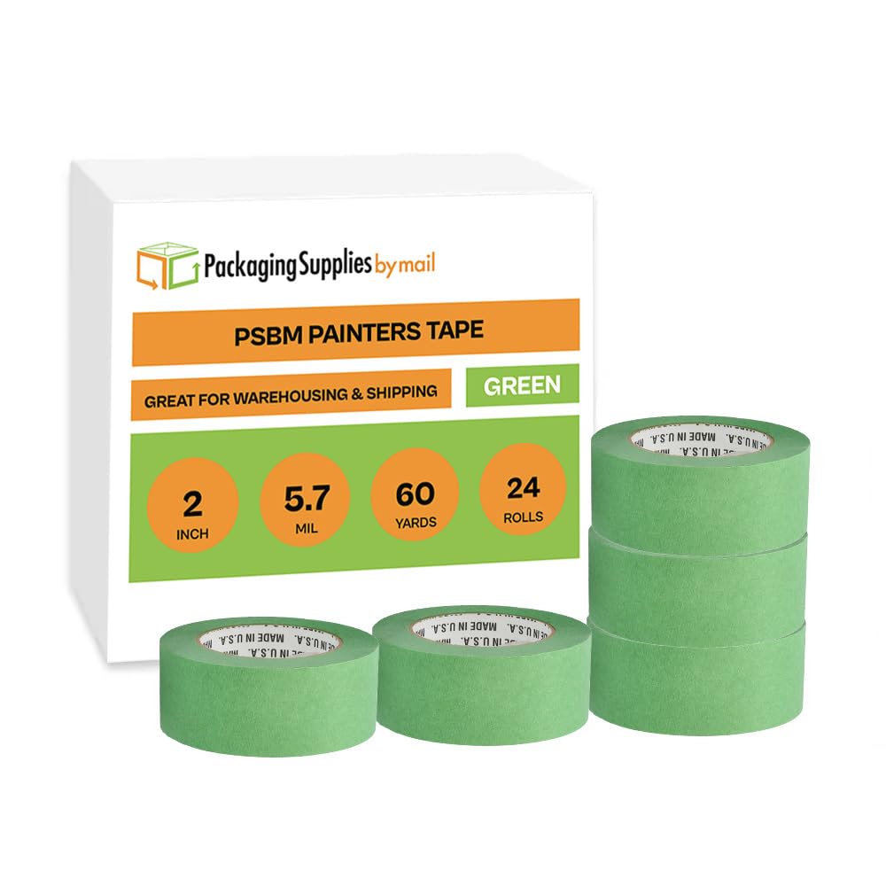 PSBM Green Painters Tape 2 Inch x 60 Yards, 24 Pack Bulk Multipack - Easy Tear Design Masking Tape for Multi-Surface Use (Painting, DIY Projects, Home Improvement, Crafts & Office Use)