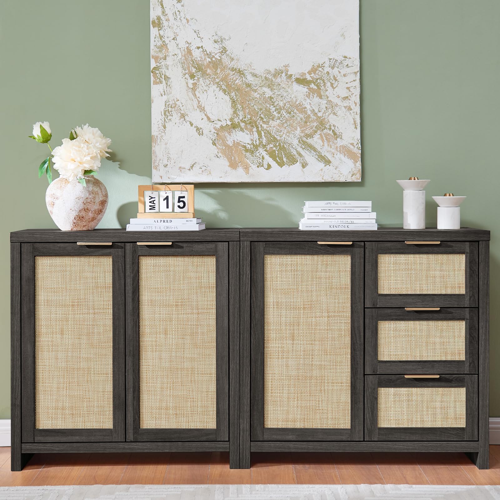 Hampstead 3-Drawer Rattan Storage Cabinet - Adjustable Shelves Kitchen Buffet Sideboard for Living Room, Hallway & Dining Room - Midnight Oak Finish | Perfect for Home Organization & Entertaining