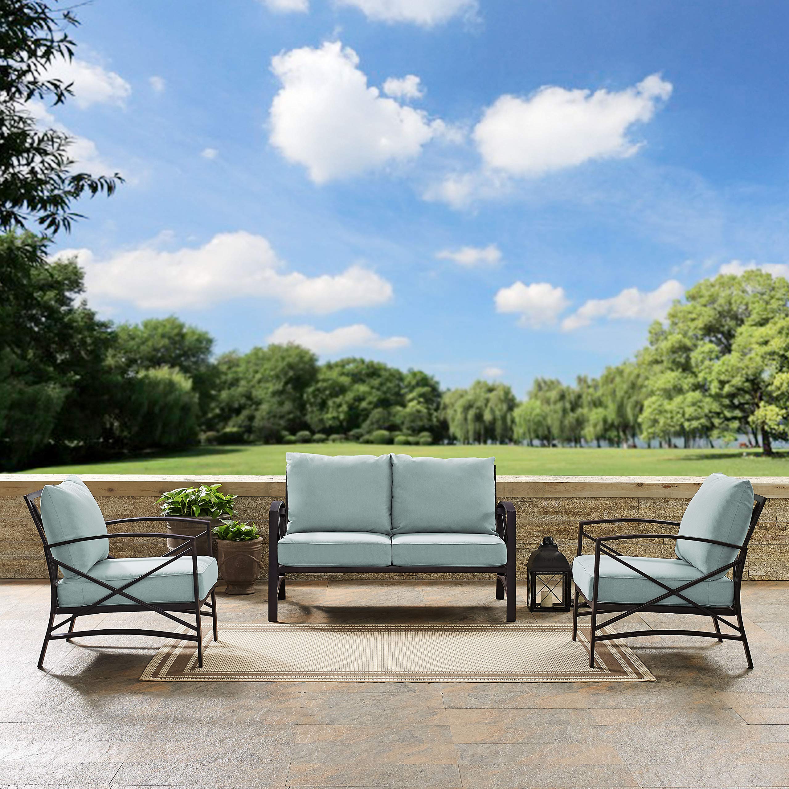 Crosley Furniture Kaplan 3-Piece Outdoor Loveseat Patio Set - Oiled Bronze Frame with Mist Cushions - Perfect for Porch, Deck, Garden & Backyard Relaxation
