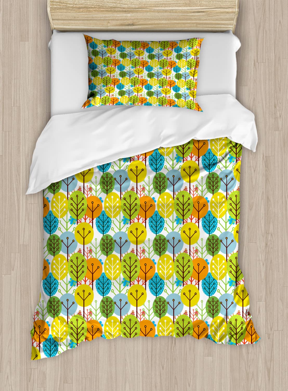 Ambesonne Cartoon Duvet Cover Set - Colorful Summer Trees with Branches, Minimalist Woodland Design, 2-Piece Bedding Set Includes 2 Duvet Covers & 2 Pillowcases, California King Size, Multicolor - Perfect for Kids' Rooms, Guest Bedrooms & Cozy Cabin Retreats