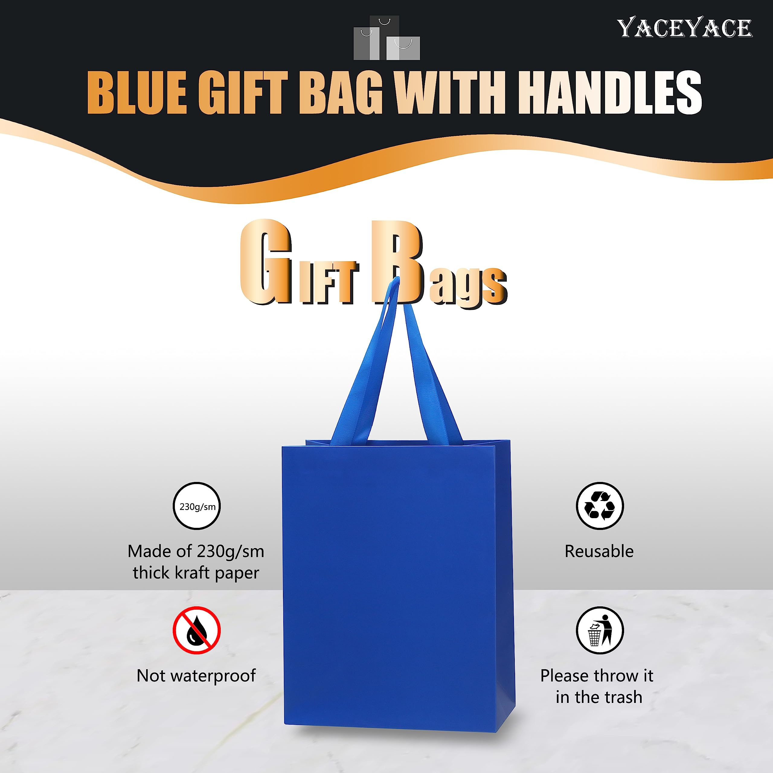 YACEYACE 20PCS Blue Gift Bags Bulk - 8x4.25x10.5 Inch Medium Paper Gift Bags with Ribbon Handles for Wedding, Birthday, Party Favors, Retail & Boutique | Elegant Gift Wrapping for Special Occasions