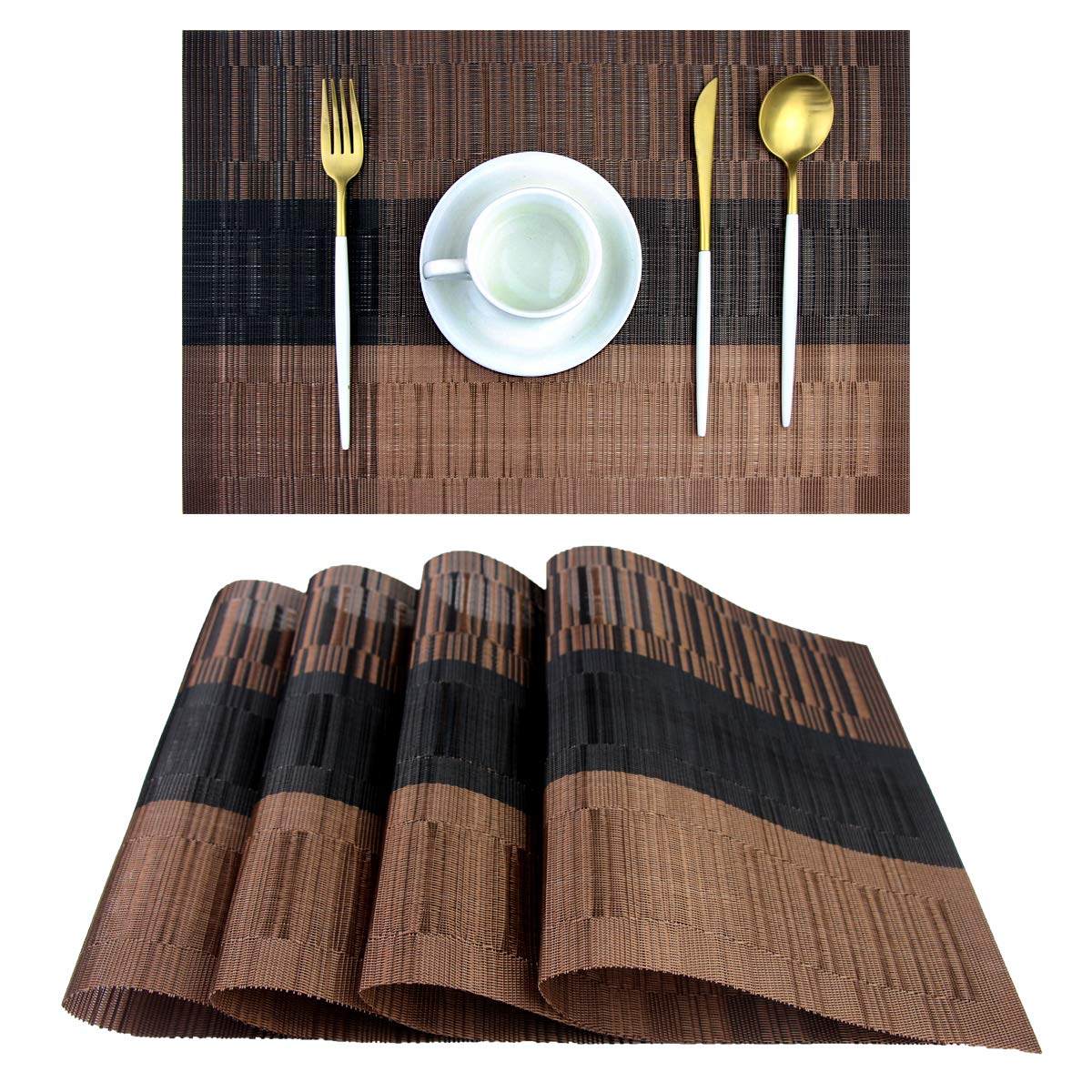 PIGCHCY 4-Pack Durable Woven Vinyl Placemats for Dining Table - Washable Kitchen Table Mats Set (Brown) - Perfect for Everyday Meals, Dinner Parties & Home Decor