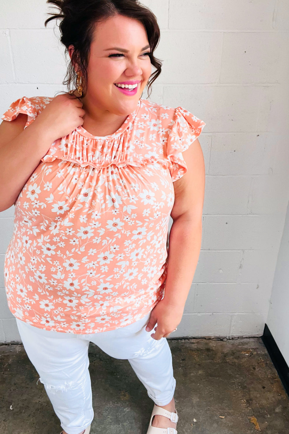 Peach Floral Print Frilled Short Sleeve Yoke Top for Women | Summer Blouse | Casual & Party Wear