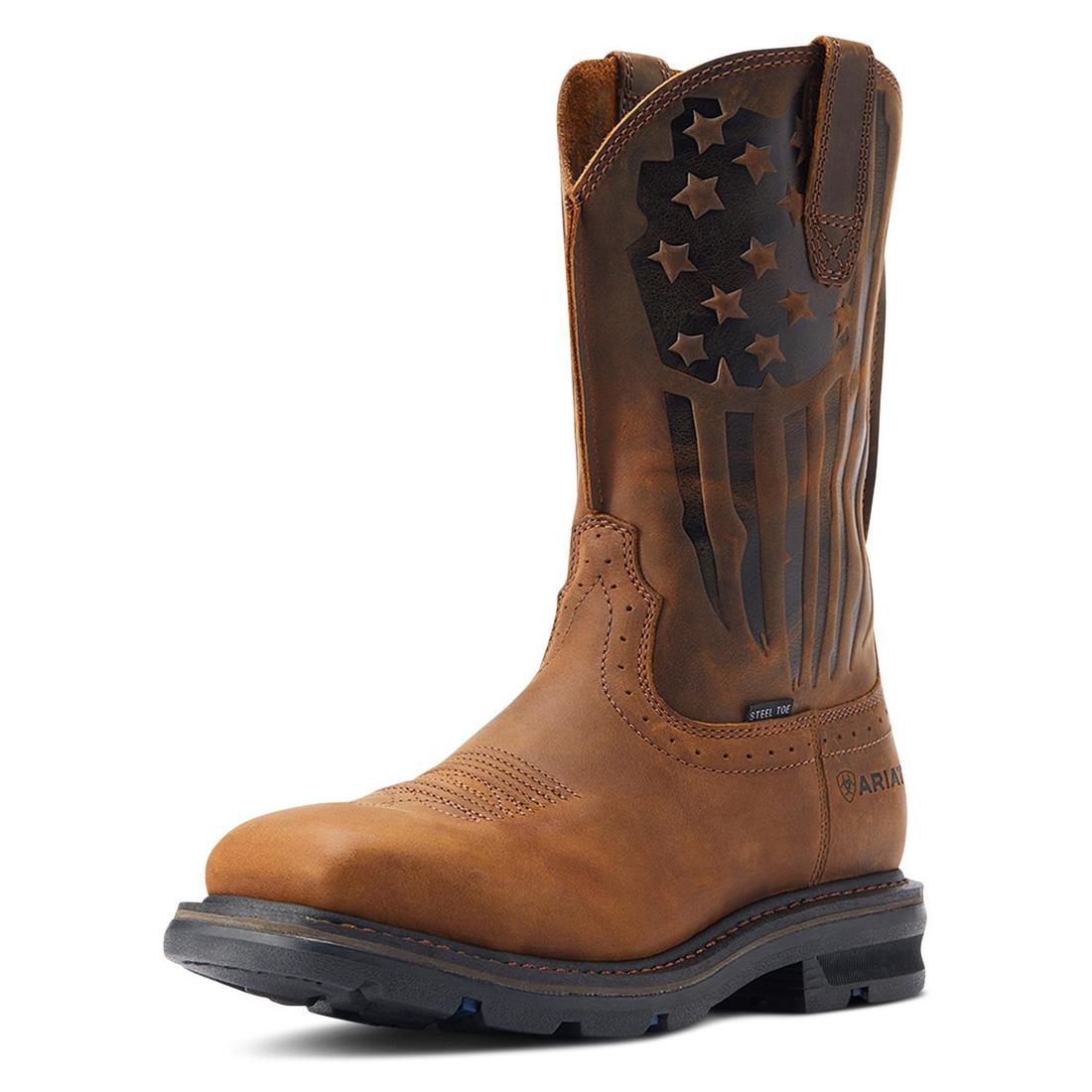 Sierra Shock Shield Patriot Steel Toe Work Boots for Men - Distressed Brown Leather Safety Shoes - Ideal for Construction, Warehouse & Outdoor Work