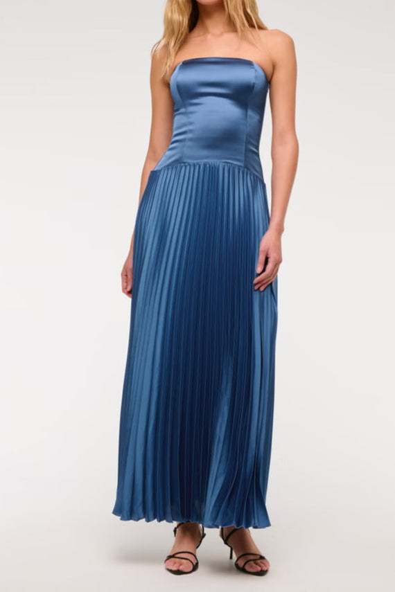 Elegant Blue Giselle Pleated Drop Waist Maxi Dress for Women - Perfect for Weddings, Parties & Summer Vacations