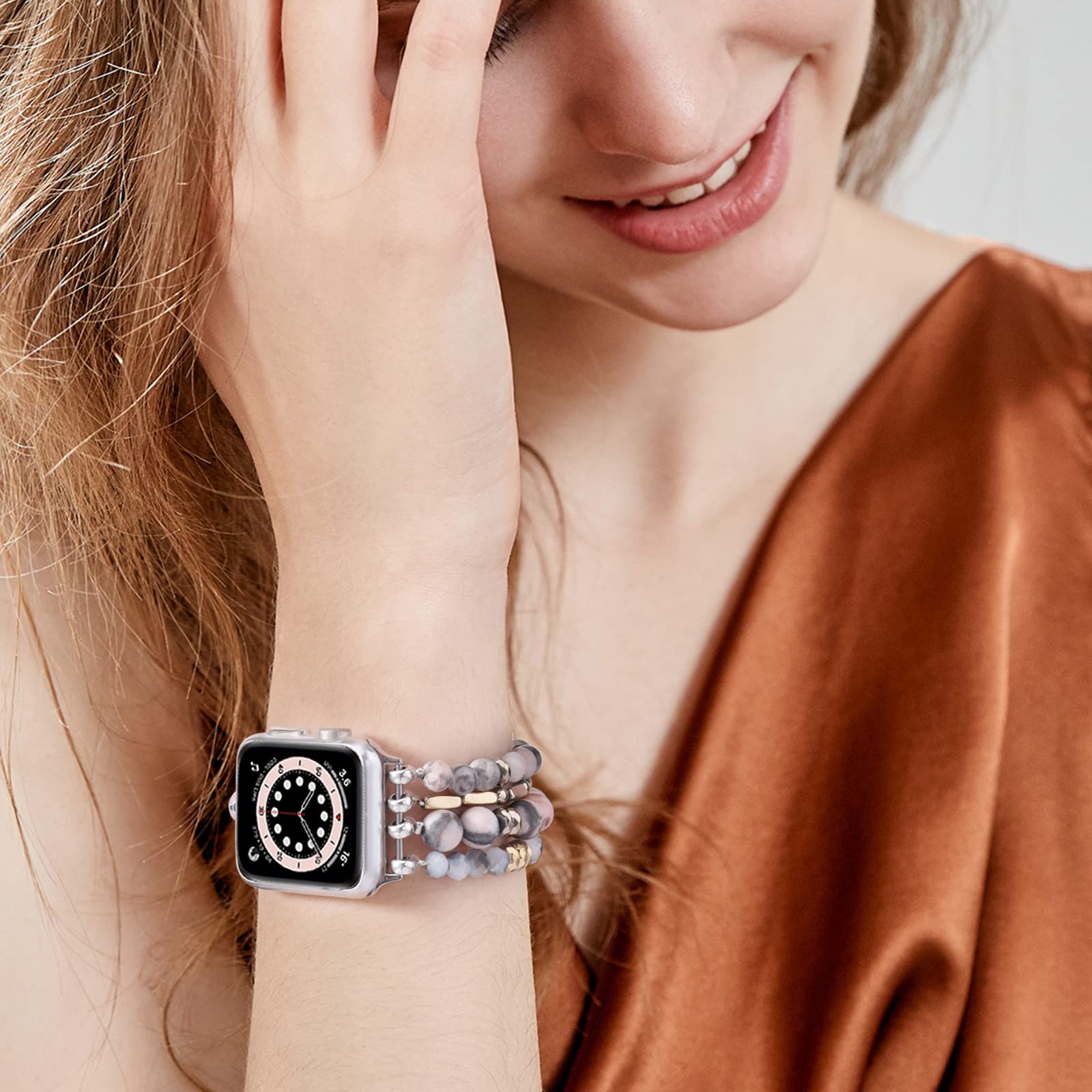 Boho Beaded Stretchy Apple Watch Band 42mm 44mm 45mm 46mm Compatible with Series 10/9/8/7/6/5/4/SE/3/2/1 - Handmade Crystal Beads Fashion Bracelet for Women | Perfect for Yoga, Workouts & Boho Style Outfits