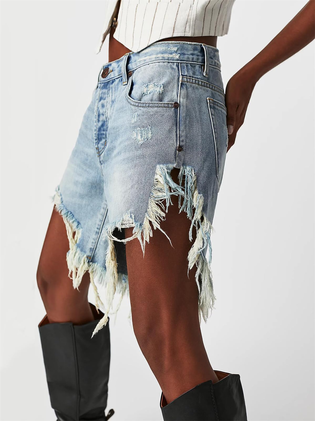 Women's Ripped High Waist Denim Shorts - Distressed Hem Mid Thigh Jean Shorts for Summer | Y2K Frayed Jorts for Casual Outfits & Beach Wear