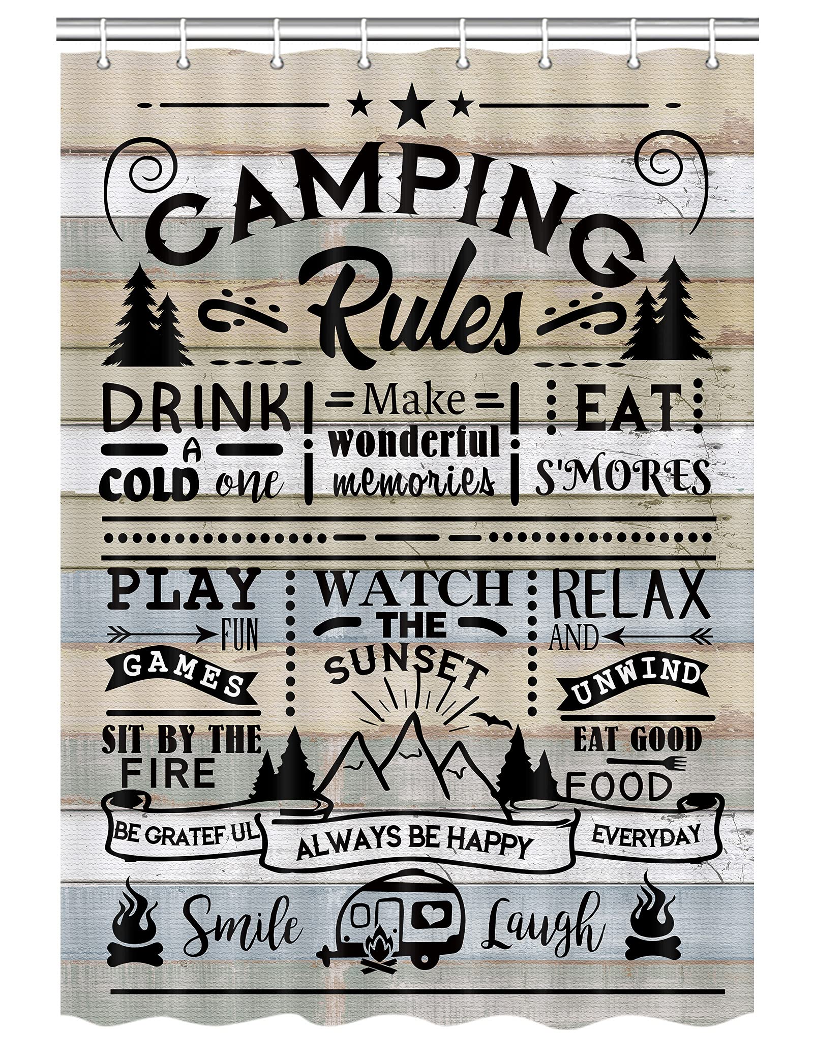 Farmhouse Style RV Shower Curtain Set for Travel Trailers - 47x64 Inch Narrow Fabric Bathroom Curtain with Hooks - Perfect for Campers, Tiny Homes & Outdoor Decor - Happy Camping Quote Design