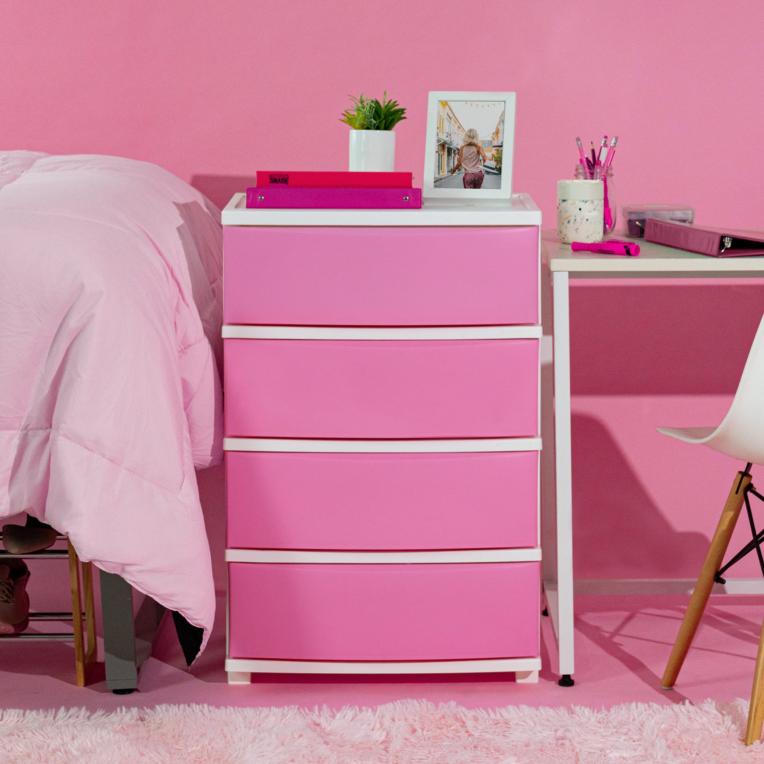 IRIS USA 4-Drawer Plastic Storage Organizer - White Frame with Matte Pink Front Panels for Classroom, Bathroom, Dorm, Bedroom & Laundry Room - Perfect for Art Supplies, Clothes & Home Organization