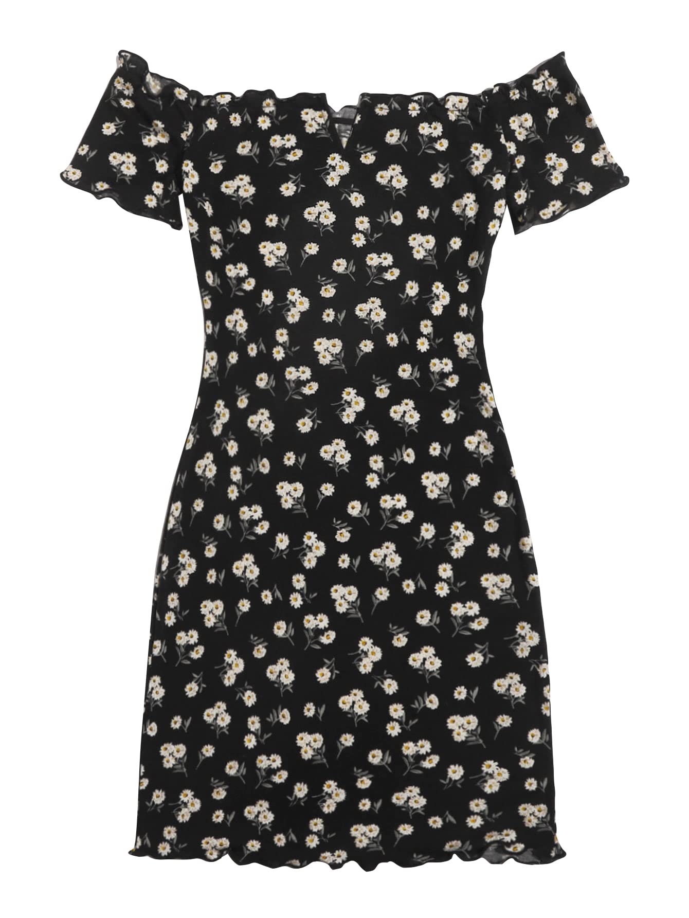 WDIRARA Women's Floral Print Off Shoulder Short Sleeve Bodycon Dress with Lettuce Trim - Sexy Summer Party, Date Night, Clubwear, Vacation Outfit