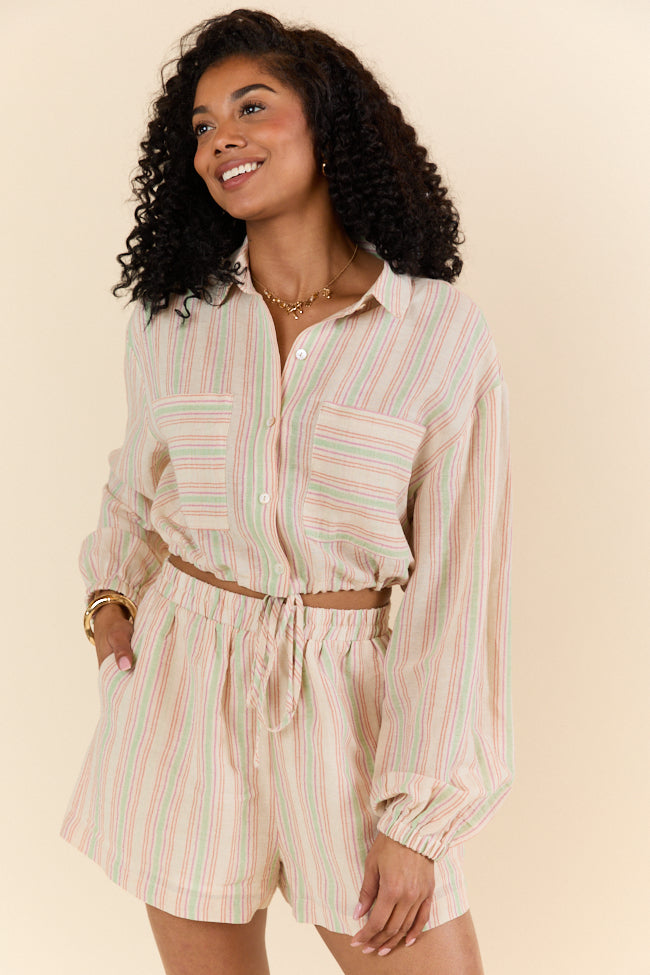 Dream Destination Striped Long Sleeve Top and Shorts Set - Women's Casual Loungewear Outfit for Travel, Vacation & Relaxation