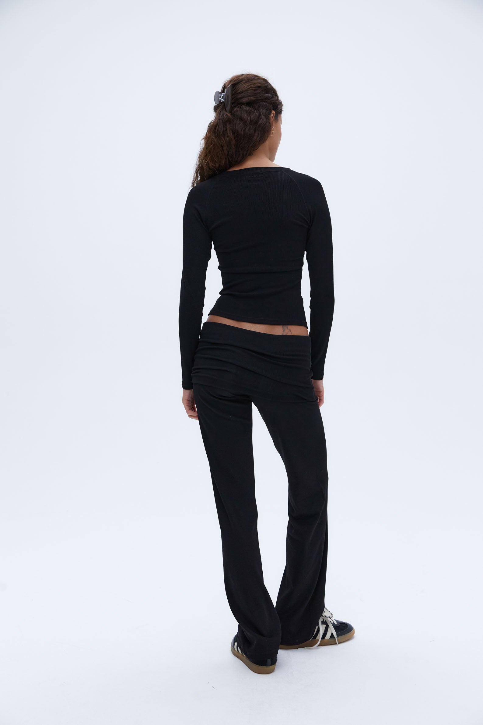 Rib Fold Over Pants for Women - Stretchy High Waist Yoga Lounge Pants - Comfortable Black Workout Pants for Yoga, Running & Home Wear