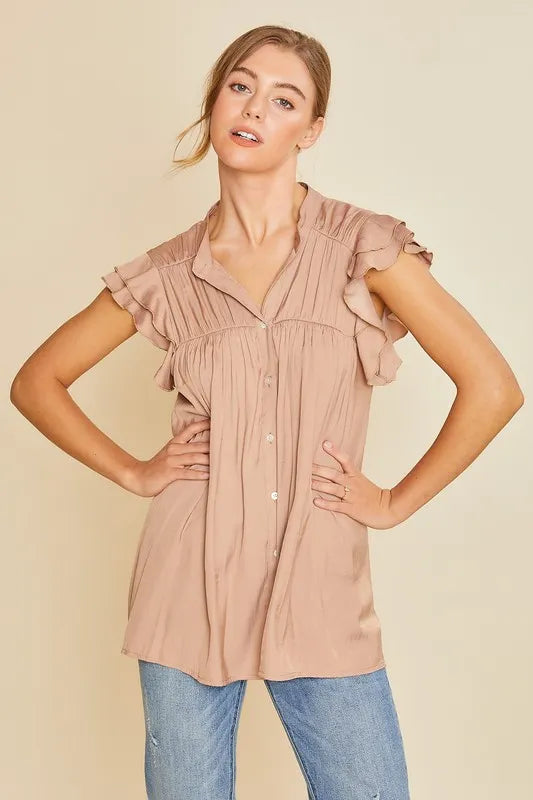 Elegant Ruffle Sleeve Shirred Flowy Woven Tunic Shirt for Women | Summer Boho Chic Blouse | Perfect for Beach Outings, Date Nights & Casual Wear