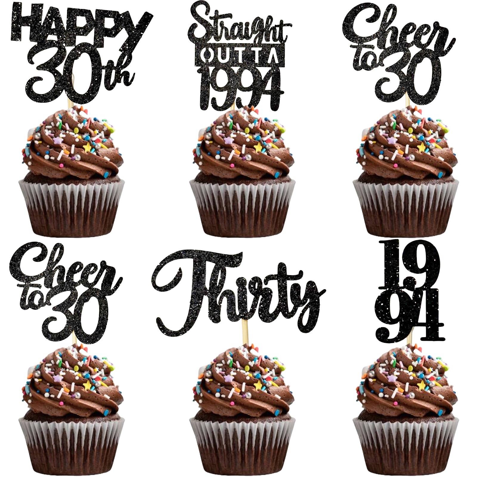 30PCS 30th Birthday Cupcake Toppers - Gold & Black Party Decorations for Men & Women - 1994 Themed 30th Birthday Party Supplies - Perfect for Anniversary Celebrations & Milestone Parties