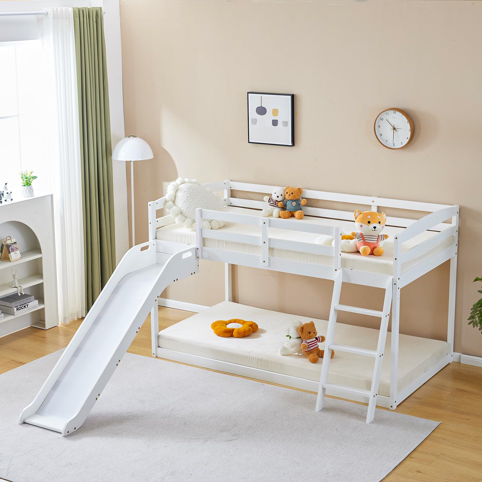 JOYMOR Twin Over Twin Bunk Bed with Curved Slide - Solid Pine Wood Low Bunk Bed with Angled Ladder & 14