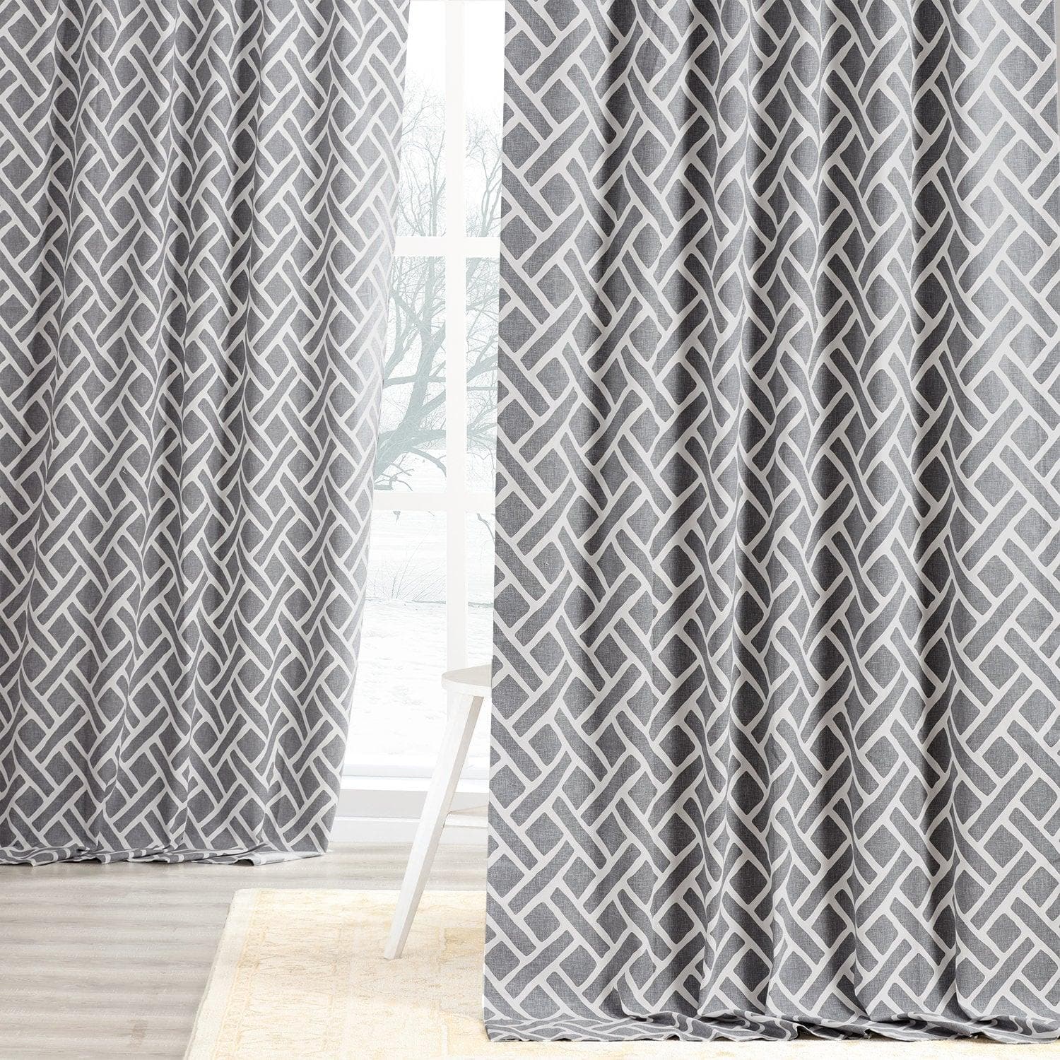 Martinique Grey Geometric Printed Cotton Blackout Curtains for Bedroom & Living Room - Modern Window Treatment for Light Control & Privacy