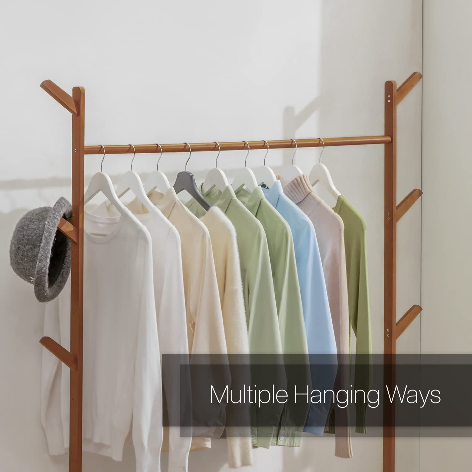 MoNiBloom 2-in-1 Rolling Garment Rack with Wheels & Storage Shelf - Bamboo Free-Standing Closet Organizer with 6 Hooks for Bedroom, Entryway, Office (Brown) | Perfect for Closet Organization, Clothes Display & Small Space Storage