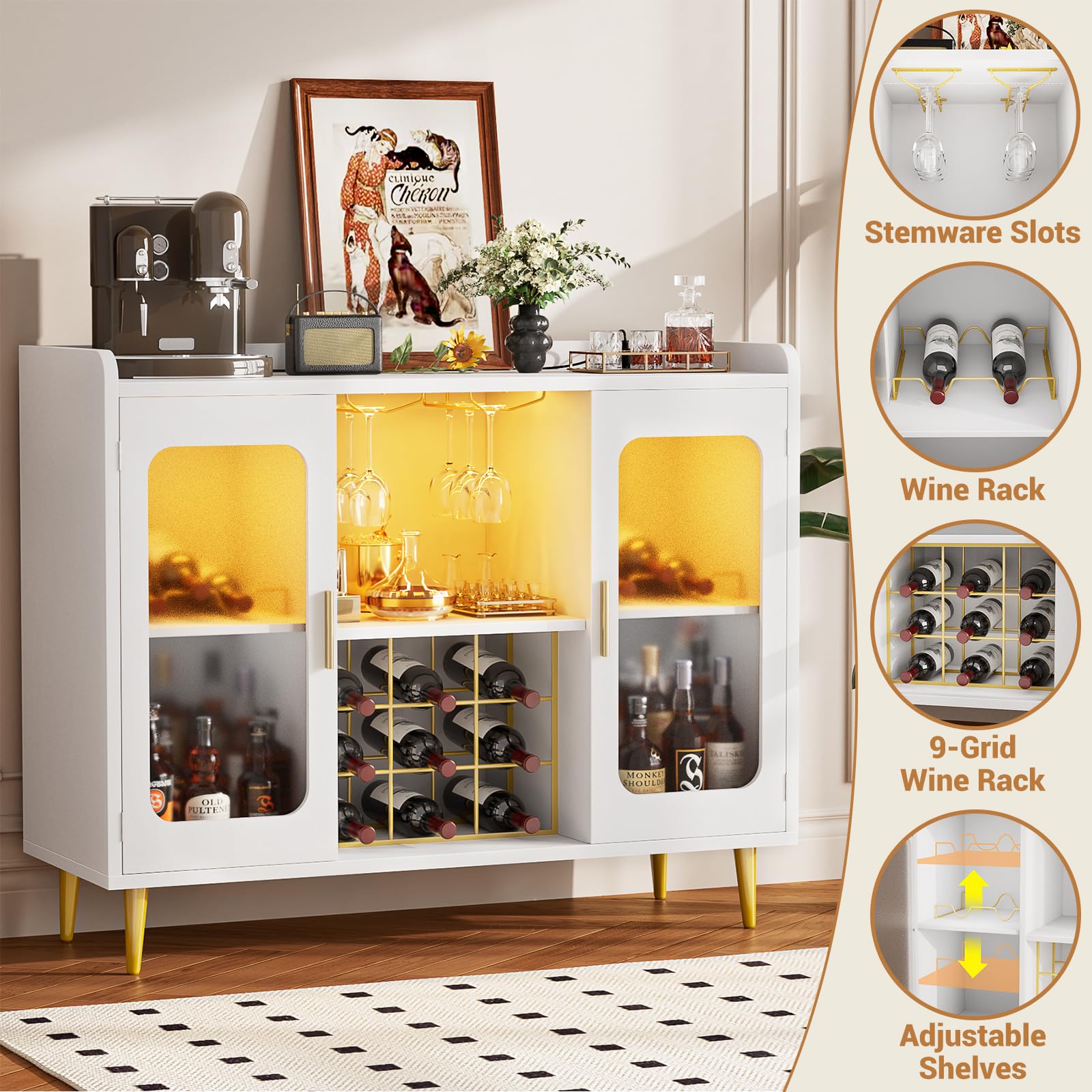 White Wine Bar Cabinet with Power Outlet & LED Lights - Modern Liquor Storage with Glass Holder & Storage Shelves - Perfect for Home Coffee Bar, Kitchen Buffet or Dining Room Sideboard - Ideal for Entertaining, Wine Tasting & Small Space Storage Solutions