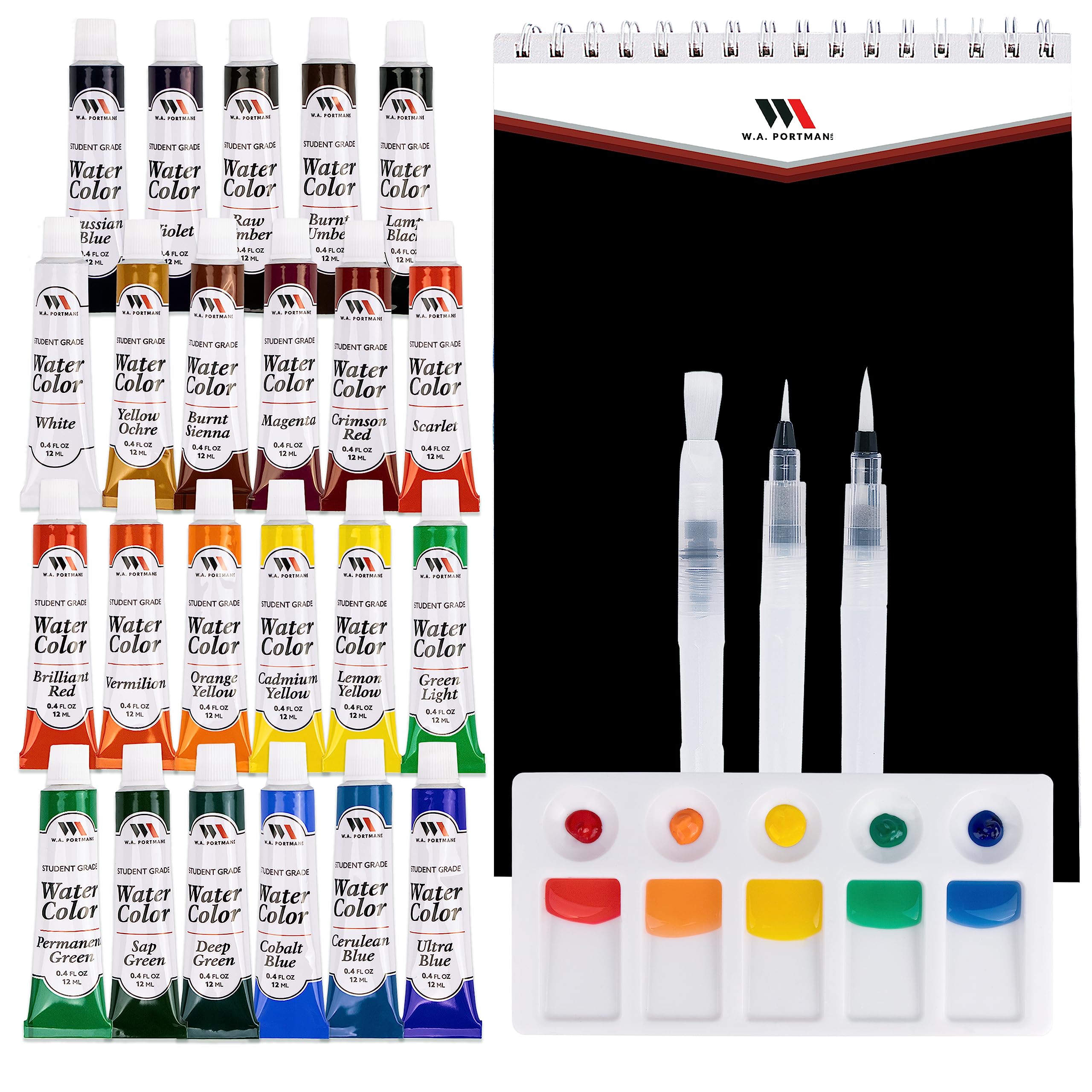 WA Portman 24-Tube Watercolor Paint Set with 3 Refillable Brush Pens, Color Palette & A4 Pad - Professional Artist Supplies for Painting, Sketching & DIY Art Projects