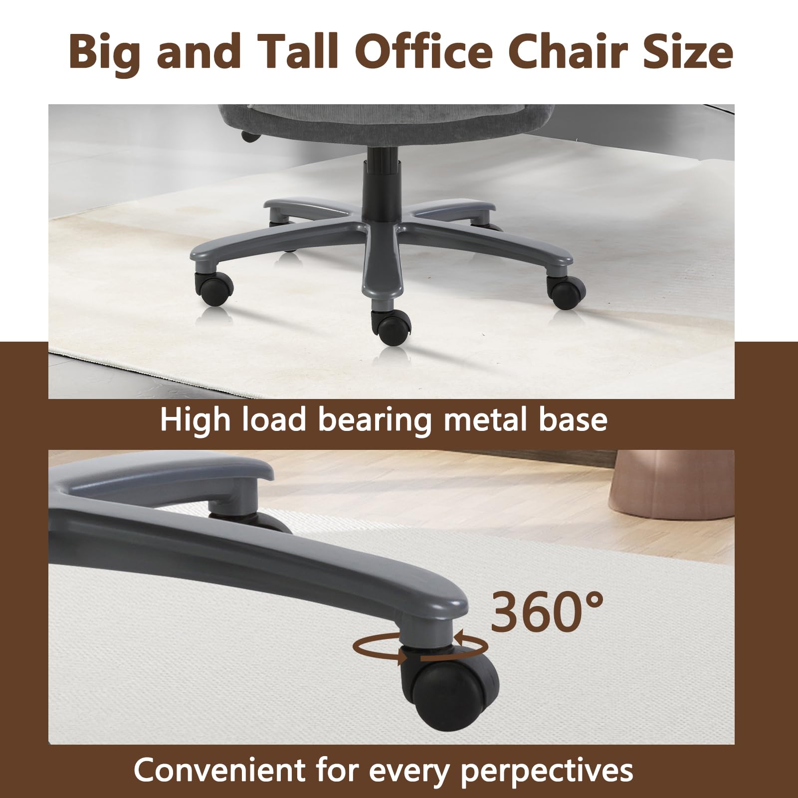CLATINA Ergonomic Big and Tall Executive Office Chair - 400lbs Weight Capacity, Adjustable Height, Thick Padding, Headrest & Armrest - Grey Upholstered Swivel Chair for Home Office | Perfect for Long Work Hours & Comfortable Workspace