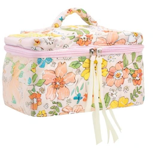 PAZIMIIK Large Quilted Cotton Makeup Bag for Women - Floral Orange Cosmetic Organizer for Travel, Gym & Daily Essentials Storage | Perfect Travel Toiletry Case & Makeup Pouch