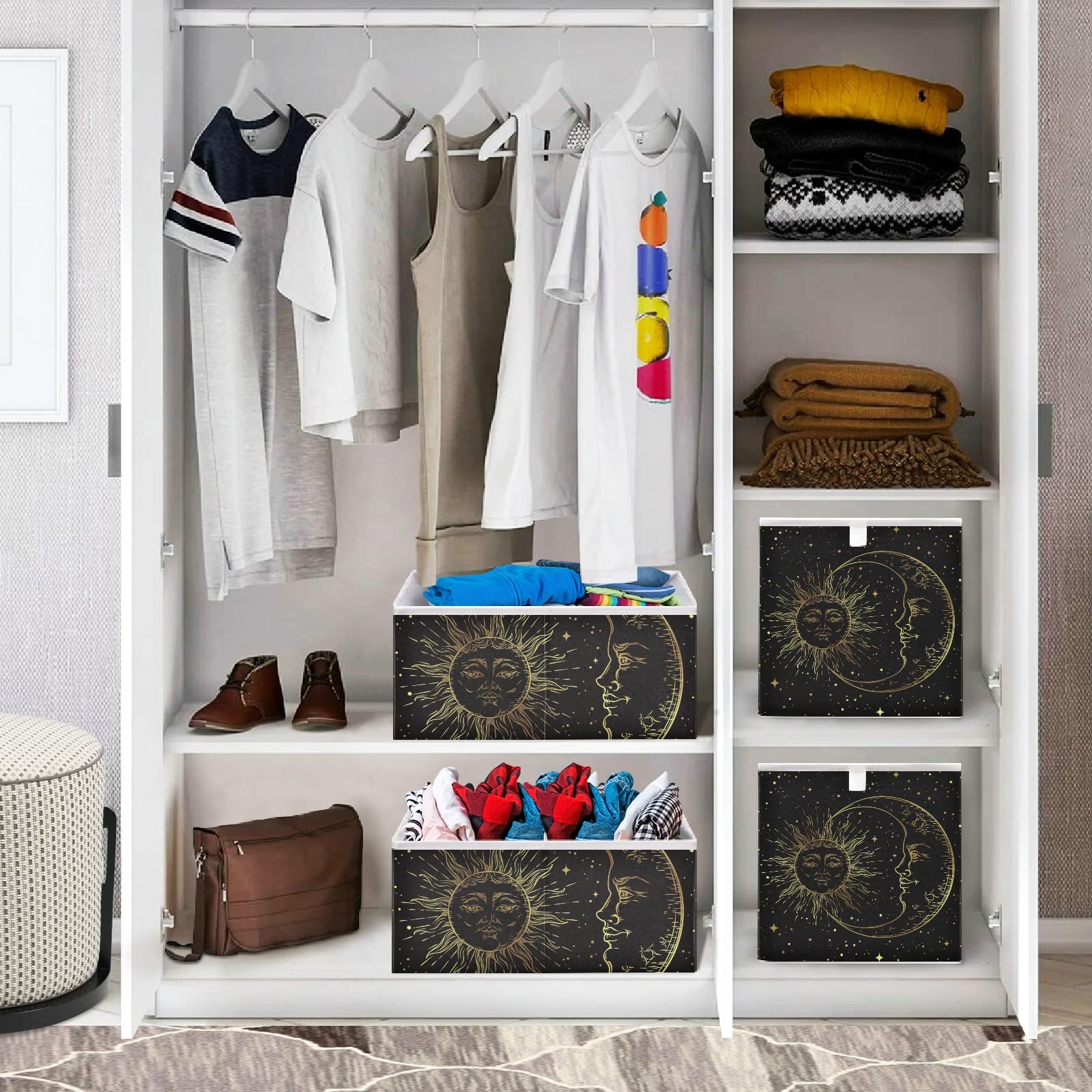 Poeticcity Golden Sun Crescent Moon Gold Stars Black Galaxy Rectangular Storage Basket - Collapsible Foldable Organizer for Toys, Clothes, Nursery - Easy to Assemble | Perfect for Home Organization, Kids Room Decor & Gift Giving