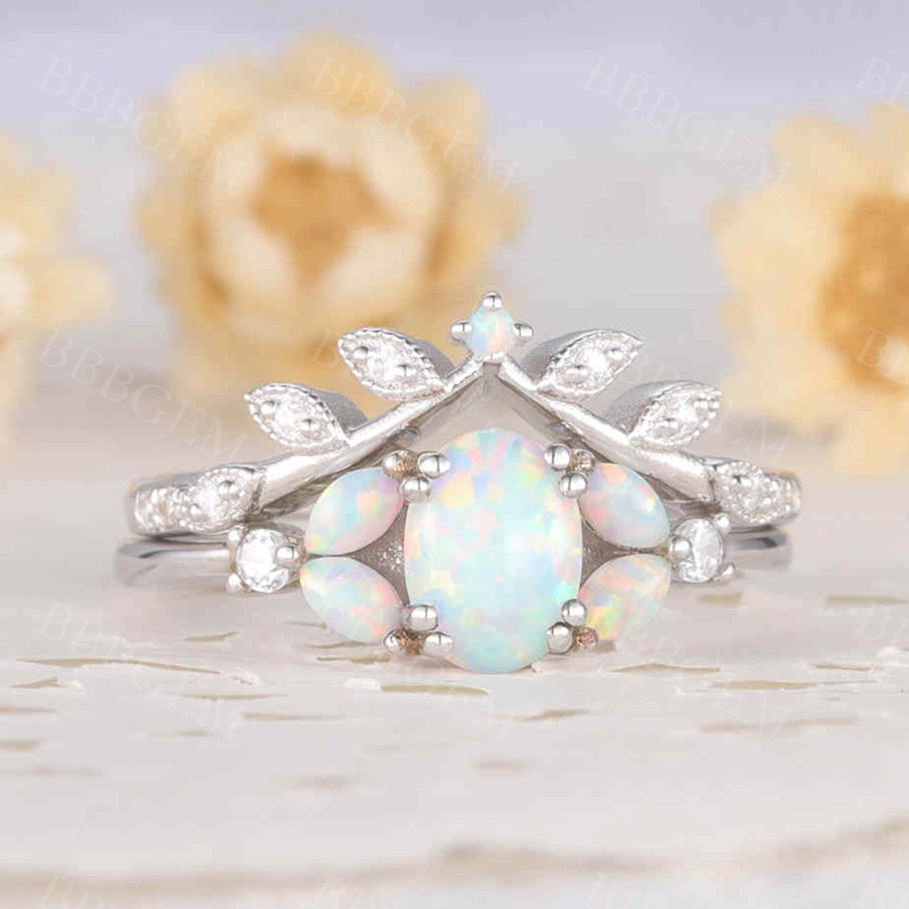 Oval Opal Ring Set in White Gold with Diamond Accents – Elegant Bridal Jewelry for Women | Perfect for Engagement, Wedding & Anniversary Gifts