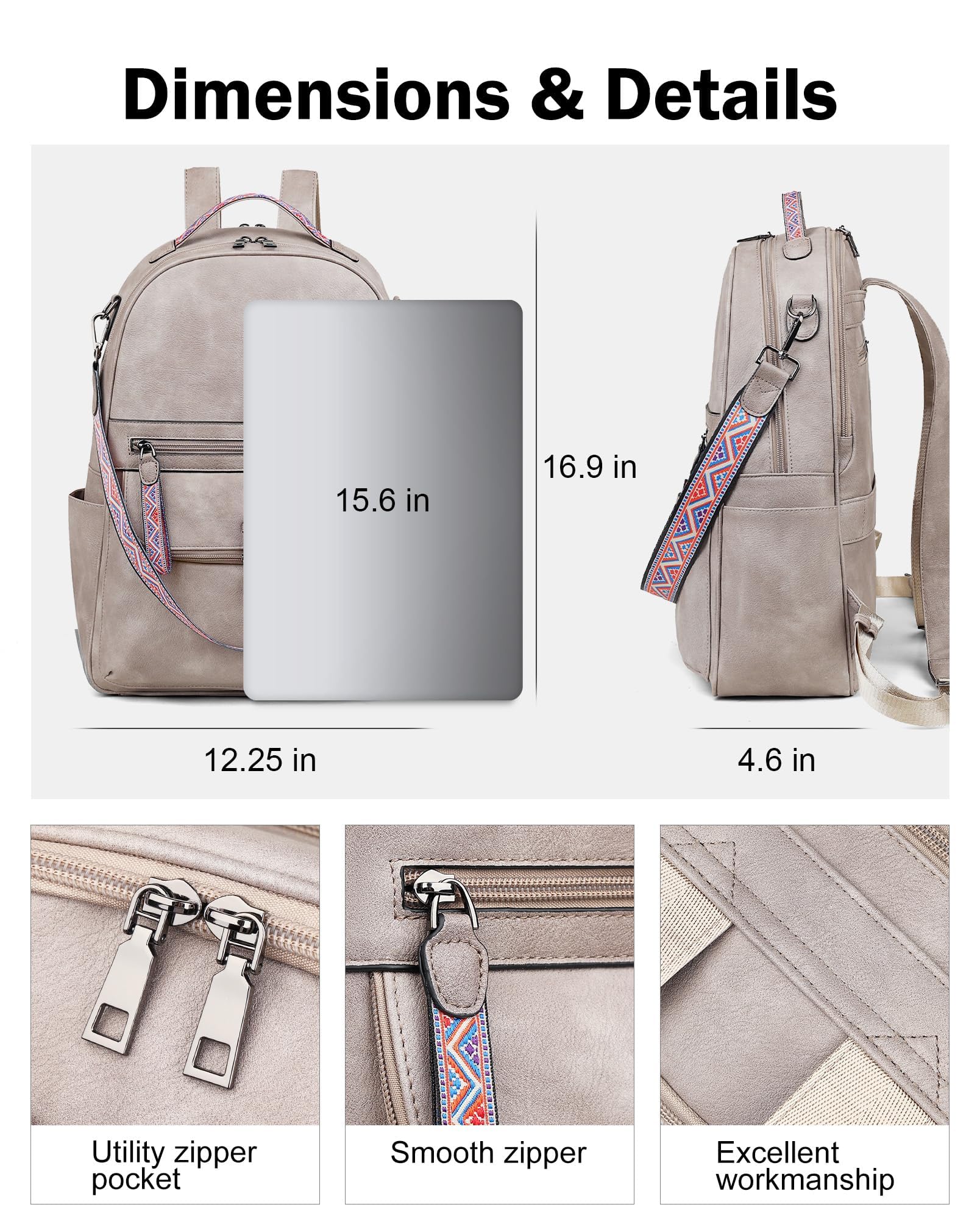 FADEON 15.6 Inch Women's Leather Laptop Backpack - Stylish PU Travel Backpack with Dedicated Laptop Compartment for Work & Business - Perfect for Office, College & Commuting (Grey)