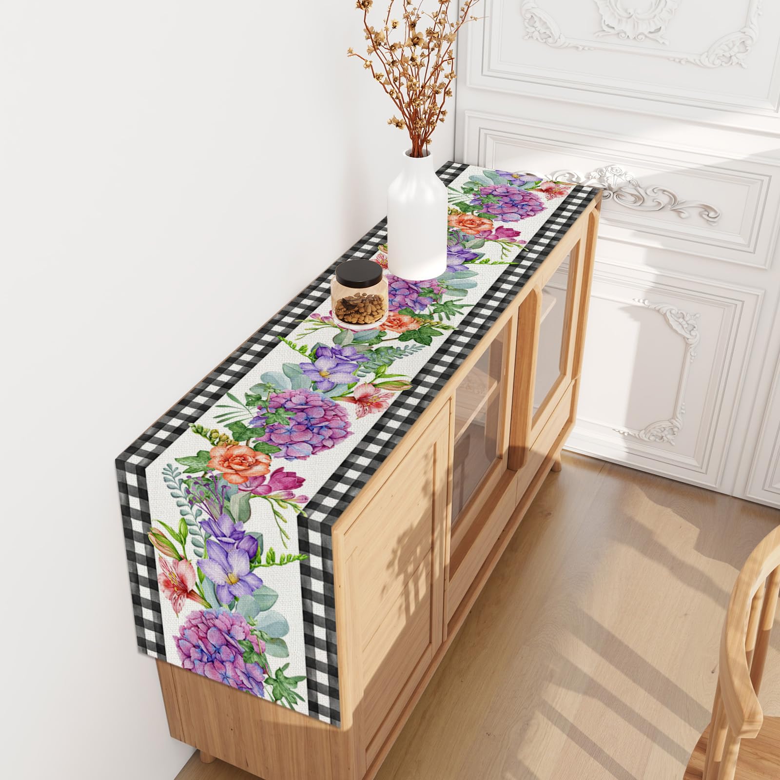 Jiudungs 72 Inch Linen Black and White Buffalo Check Plaid Table Runner - Spring Farmhouse Decor for Easter, Dining Table, Wedding, and Home Decoration