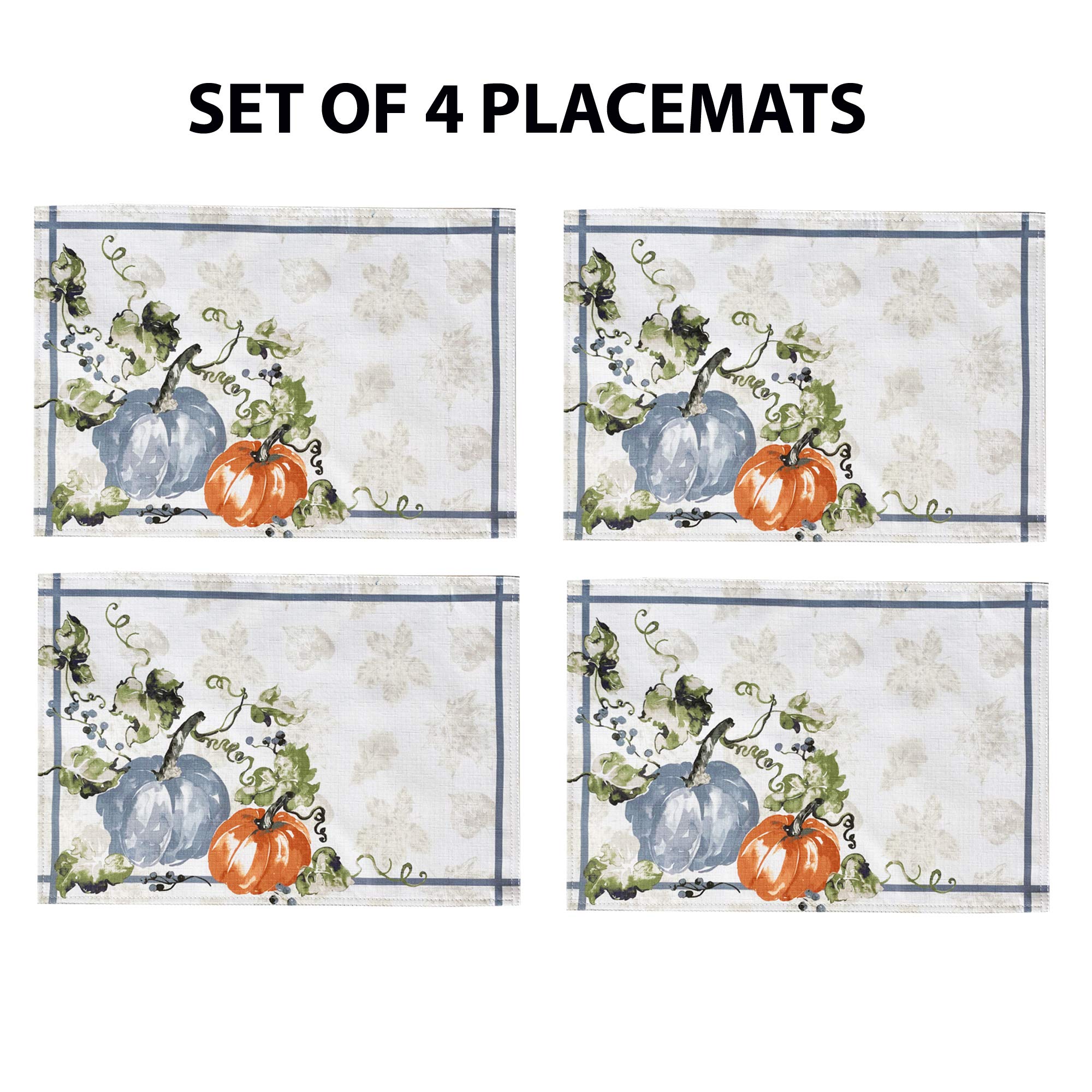 Premium Stone Washed Blue Pumpkin Vines Fabric Napkin Set - Set of 8 Elegant Bordered Napkins for Thanksgiving, Fall Decor, and Seasonal Table Setting