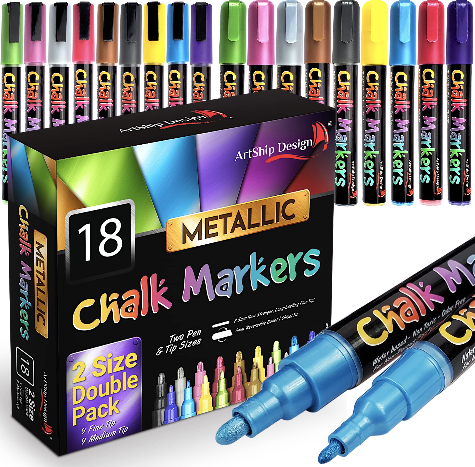 18 Metallic Chalk Markers - Dual Tip Liquid Chalk Pens Set (Fine & Medium Reversible) - Wet Erasable for Whiteboards, Glass, Windows, Mirrors - Perfect for Menu Boards, Classrooms, Restaurants & DIY Crafts