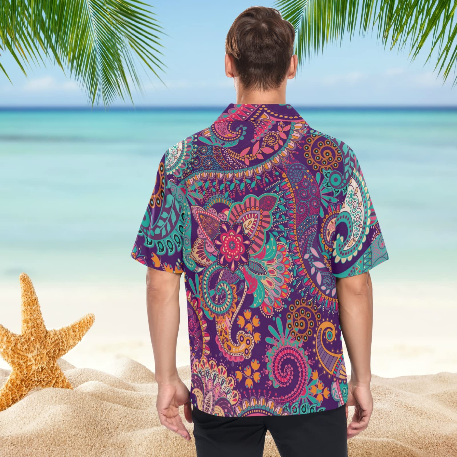 India Mandala Floral Men's Hawaiian Shirt - Short Sleeve Boho Button Down Aloha Shirt for Beach, Vacation & Summer Wear - Breathable Cotton Casual Dress Shirt for Tropical Parties, Luau & Outdoor Events