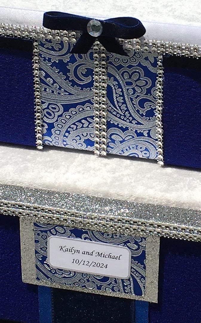 Royal Blue & Silver Wedding Card Box with Slot - 2-Tier Fabric Gift Holder for 80 Cards | Personalized Bridal Shower, Anniversary & Reception Decor