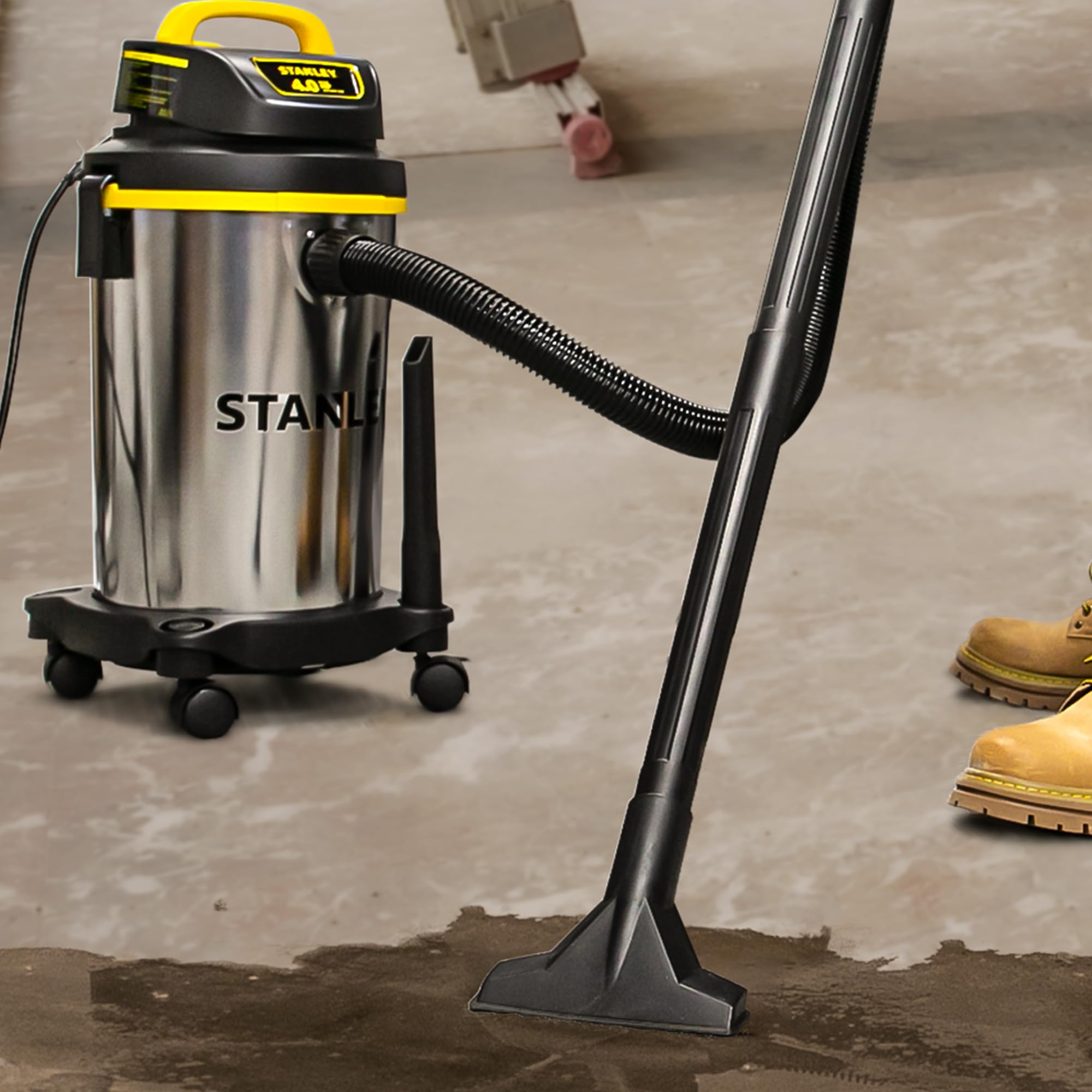 Stanley 4 Gallon Wet/Dry Vacuum Cleaner - 4 Peak HP Stainless Steel Shop Vac with Blower Function | Powerful 3-in-1 Design for Home, Garage, Car, Workshop & Pet Hair Cleaning | Durable Silver/Yellow/Black Design for Heavy-Duty Use in Construction, DIY Projects & Auto Detailing