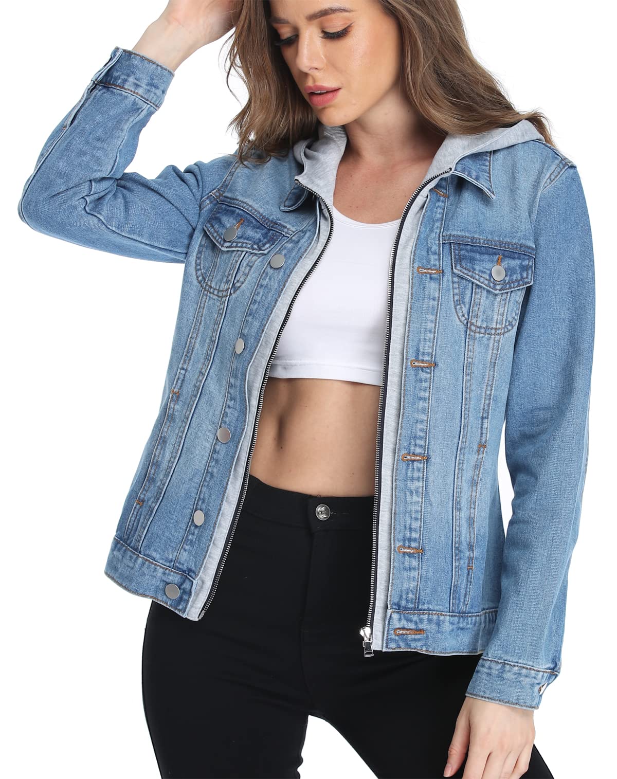 MISS MOLY Women's Denim Jacket with Hood - Casual Layered Drawstring Jean Coat with Pockets | Perfect for Spring/Fall Outfits, Streetwear & Everyday Wear