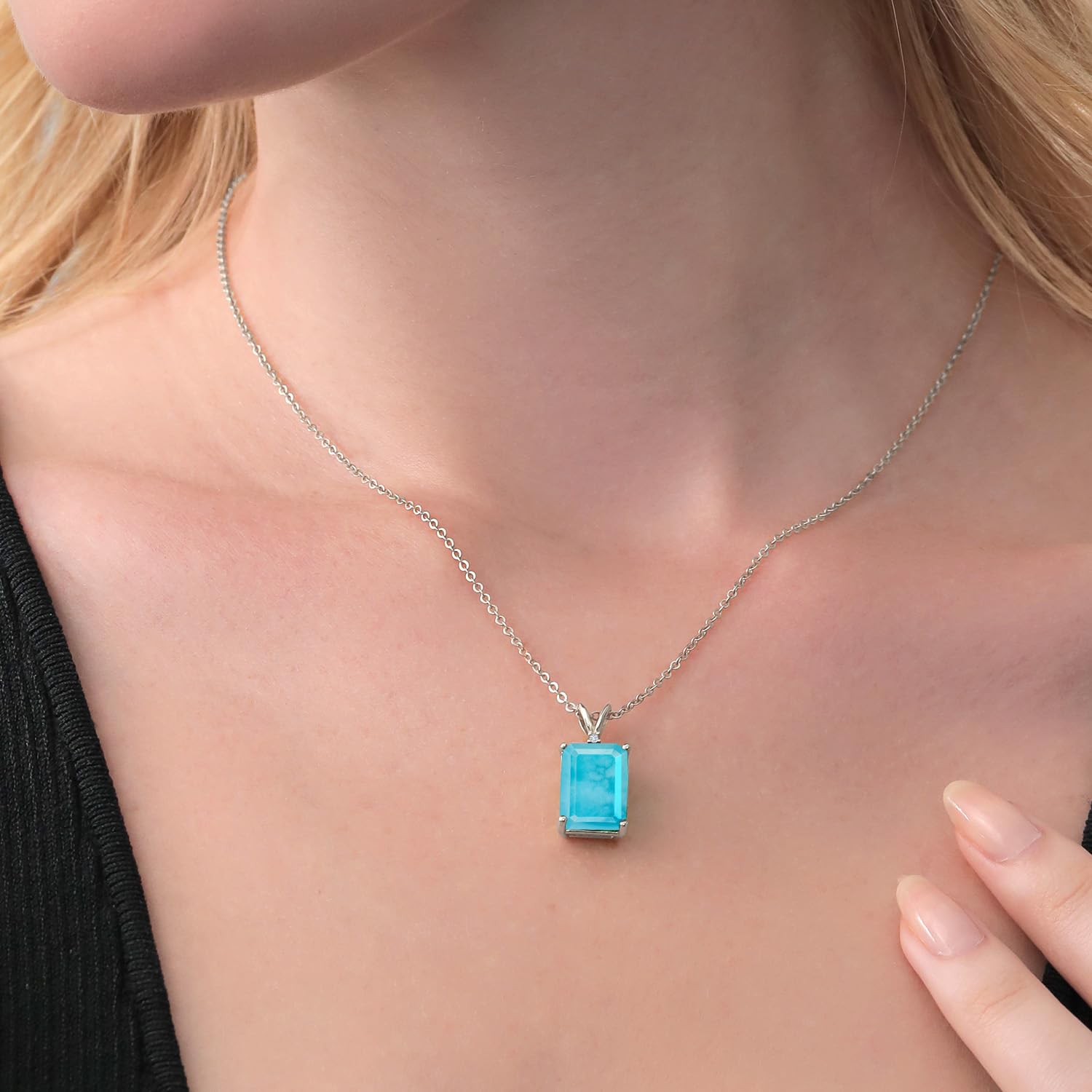 14X10MM Emerald Cut Gemstone & White Diamond Birthstone Necklace for Women | 925 Sterling Silver Pendant with 18 Inch Chain | Anniversary Gift, Valentine's Day Present, Birthday Jewelry