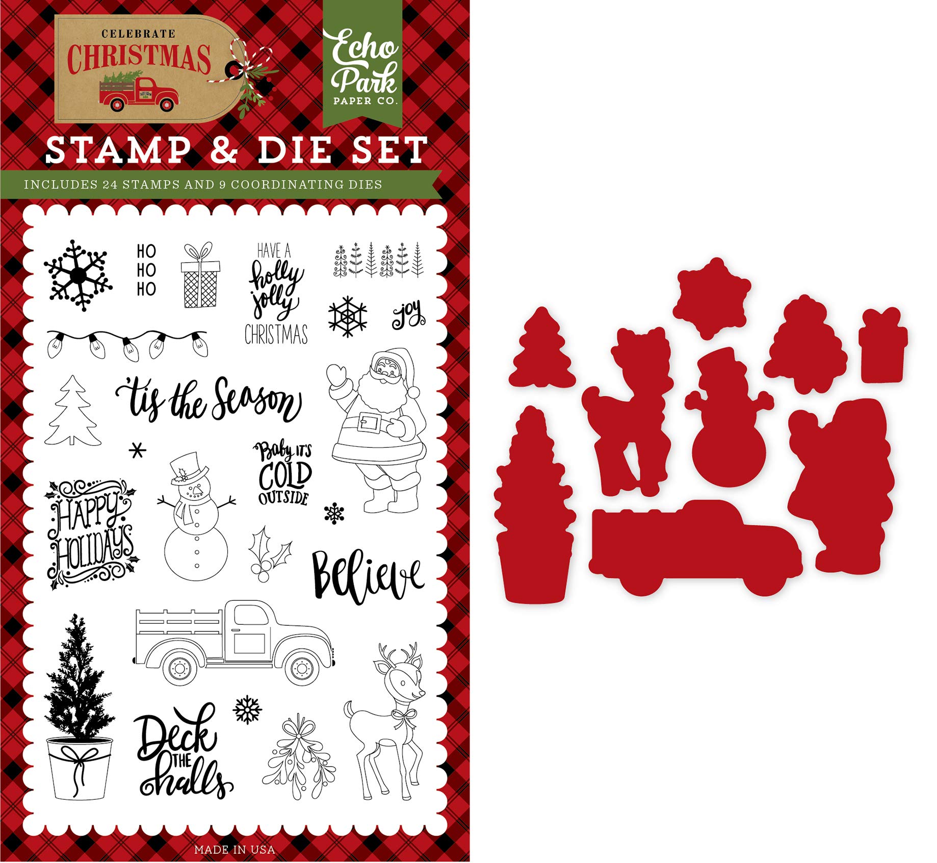 Echo Park Paper Company Christmas Die & Stamp Set - Red, Green, Tan, Burlap, Black Paper Crafting Supplies for Holiday Cards, Scrapbooking & DIY Decorations