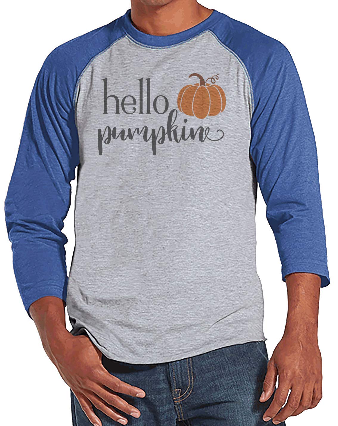 7 ate 9 Apparel Men's Hello Pumpkin Graphic T-Shirt | Fall Autumn Casual Shirt | Funny Halloween Thanksgiving Outfit for Parties & Seasonal Events